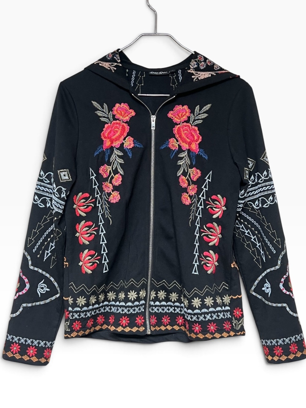 Dor Dor Couture black floral embroidered zip up hoodie boho